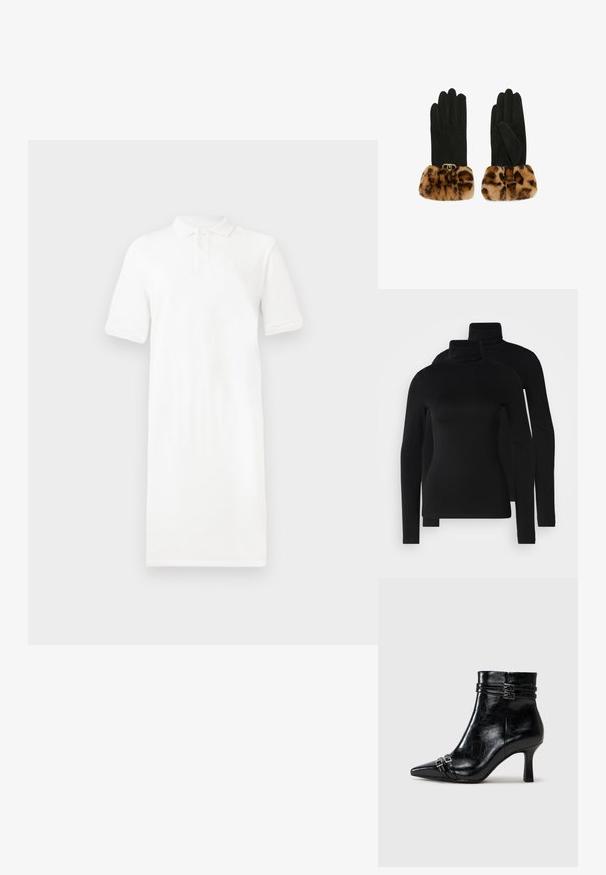 Biela polo šaty s krátkymi rukávmi, golierom, zapínaním na tri gombíky a rovnými líniami. Vyrobené z hladkej tkaniny s jemnou textúrou.; Čierne dlhé rukávy s rolákom vyrobené z hladkej, elastickej látky. Obsahuje priliehavé rukávy a klasyčný vysoký golier. Obsahuje dva kusy.; Tamaris Členkové čižmy s klinovým opätkom - black; Čierne rukavice s mäkkým leopardím vzorom z umelej kožušiny na manžete a zlatým akcentom na zápästí. Hladká textura a presný strih.