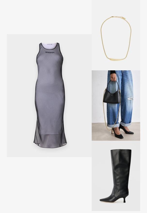 Siva brezrokavna obleka s prilegajočim dizajnom, izdelana iz gladkega materiala. Ima prosojen rob in črne detajle okoli ovratnika ter logotipa.; Črne usnjene škornje do kolen s koničastim nosom, elegantnim dizajnom in zoženim 3-palčnim peto. Imajo zlat poudarek na zadnji strani.; Črna usnjena torba s ukrivljeno obliko, kratko ročico in zlatim verižnim trakom. Nosi se z raztrganimi modrimi kavbojkami in črnimi petkami.; Zlatom pozlačen ogrlica z gladkim, ukrivljenim osrednjim poudarkom. Ima fleksibilno verigo z ježkom in dodatne prilagodljive verižice.