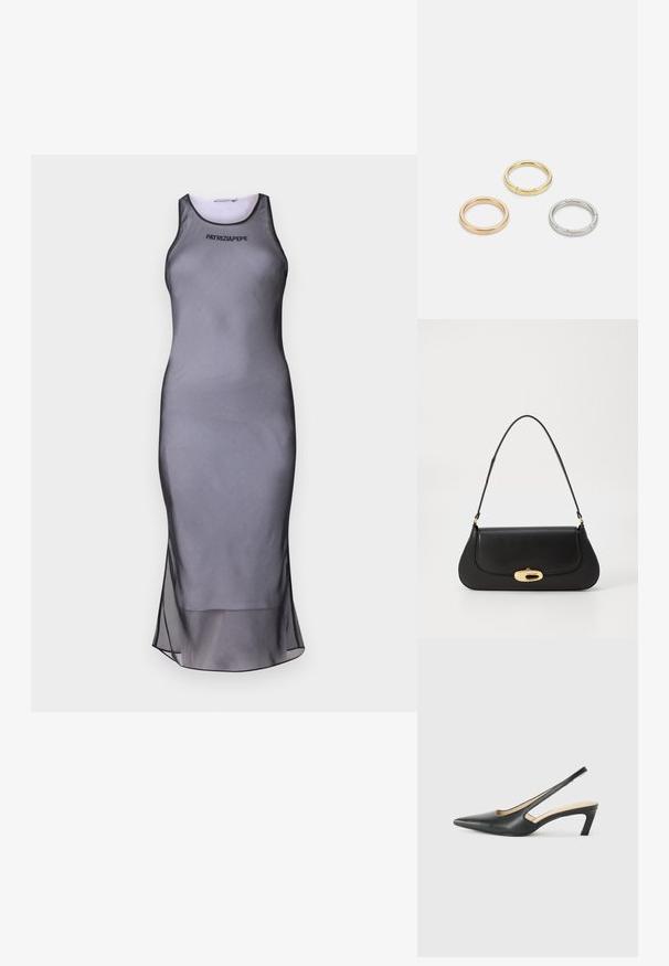 Szürke ujjatlan ruha, testhez álló kialakítással, sima anyagból készült. Átlátszó szegéllyel és fekete díszítéssel rendelkezik a nyakvonalnál és a logónál.; Fekete, hegyes orrú, slingback cipő alacsony sarkával, sima bőrből készült, oldalt kivágott deisgnal a légáteresztőképesség érdekében.; Fekete bőr táska ívelt kialakítással, arany színű fémrészletekkel és felső fogantyúval. Csúszásmentes záródás és sima textúra jellemzi.; Három fémgyűrű: az egyik rose gold, a másik texturált akcentusokkal ellátott arany, a harmadik pedig ezüst, mindegyiken gravírozott márkajelzés található a belső sávon.