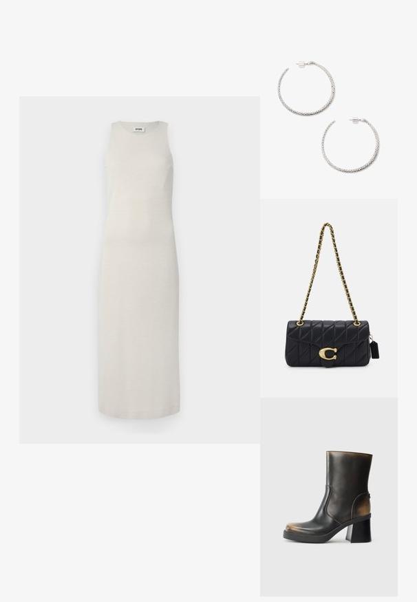 Sövärava midi kleit heledas beežis, valmistatud tekstuuriga kangast, millel on kerge sära. Sirge lõikega, põlvepikkune, ilma nähtavate kinnipeetavate detailideta.; Musta nahkasaapas nilkkapituisena, kiiltävällä pinnalla, pyöreällä kärjellä, kontrastivärisin tan-sävyin, tukevalla korokkeella ja sivuvetoketjuyksityiskohdalla.; Mustat vuoratut käsilaukku kultaketjuhihnalla, jossa on erottuva kultainen solki ja pieni tarkkuustagi, ja joka esittelee tekstuurillista nahkapintaa.; Punosilveriset korvaketjut, joissa on teksturoitu pinta. Vankka takanakki sulkija, jossa on pieni, sylinterimäinen aksentti.