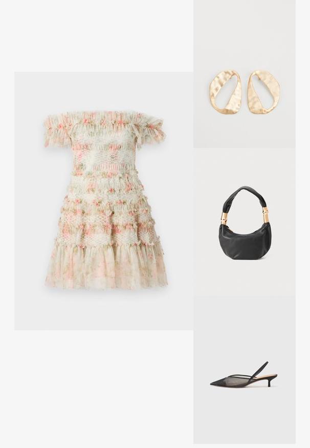 Abito off-the-shoulder in crema chiaro con volant a strati e dettagli floreali rosa. Presenta bande elastiche arricciate per un aspetto testurizzato.; NEOUS IRENA - Decolleté - black; Borsa a tracolla in pelle nera con una forma rotonda, texture morbida e manico annodato con dettagli in metallo dorato. Chiusura con zip.; Un paio di orecchini in metallo di tonalità dorata, di forma ovale irregolare, con superficie texturizzata e leggermente martellata, su uno sfondo bianco.