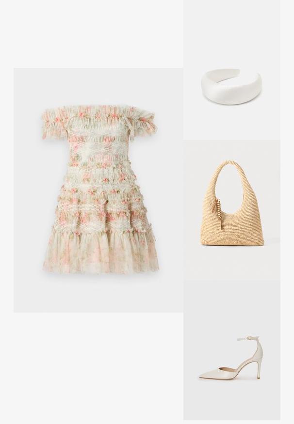 Ručkovna obleka v svetlem kremnem odtenku z večplastnimi volančki in rožnatim cvetličnim okrasjem. Ima elastiko z gubami za teksturiran videz.; Bela usnjena čevlja na visoki peti z ozkim prstom, trakom okoli gležnja in tanko stiletto peto. Gladka tekstura z rahlim sijočim finišem.; Tkanirana bež torba z ukrivljenim ročajem, teksturirano površino in rjavim detajlom s pomponom. Ima ohlapen, hobo obliko.; Loeffler Randall BELLAMY OVERSIZE HEADBAND - Pripomoček za oblikovanje las - cream