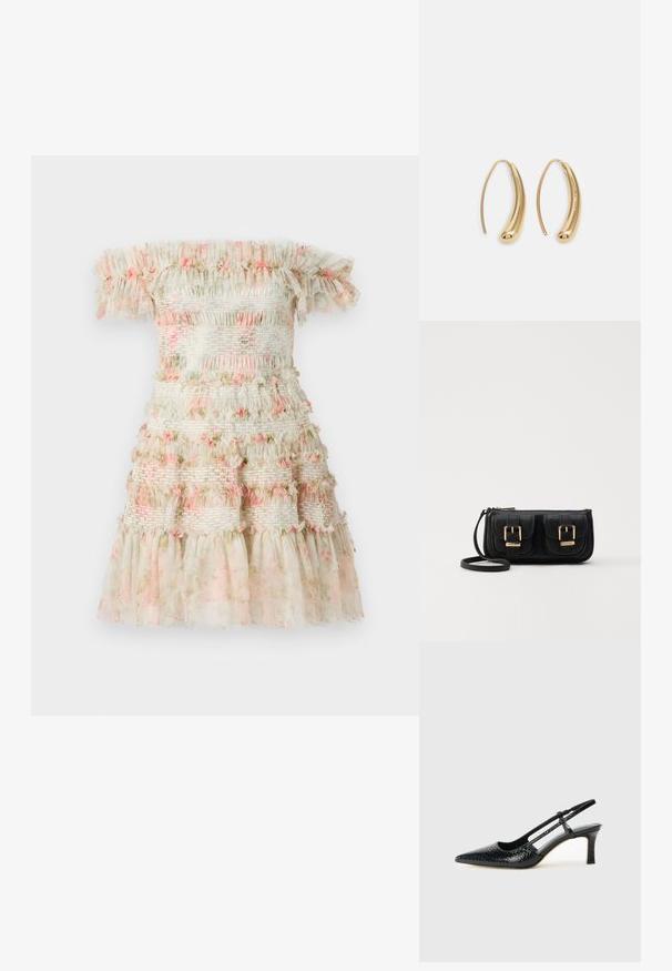 Schulterfreies Kleid in hellem Creme mit geschichteten Rüschen und pinken Blumenmotiven. Verfügt über geraffte, elastische Bänder für einen strukturierten Look.; Schwarze Lack-Slingback-Pumps mit spitzem Zehenbereich, versehen mit strukturiertem Schlangenprint, verstellbarem Riemen und einem kurzen, strukturierten Blockabsatz.; Schwarze Leder-Umhängetasche mit zwei vorderen Taschen, goldenen Schnallen, Reißverschluss und einem schmalen Tragegurt. Texturierte Oberfläche und kompakte rechteckige Form.; Goldfarbene Metall-Hoops mit einer geschwungenen, länglichen Form. Sie verfügen über eine glatte, glänzende Oberfläche und eine abgerundete Spitze für zusätzliche Details.