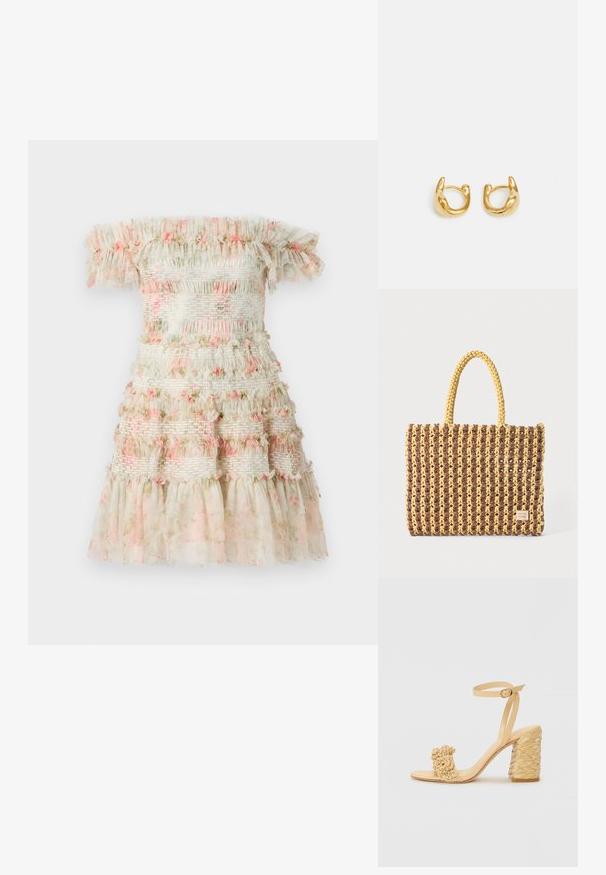Kergelt kreemikas off-the-shoulder kleit kihilistest volangidest ja roosadest lillemotiividest. Omab smockitud elastseid ribasid tekstureeritud välimuse saavutamiseks.; Beez kõrge kontsaga sandaalid, millel on punutud tekstuur, dekoratiivne lilleke ja pahkluu rihm. Ruudukujuline konts tagab stabiilsuse.; Kootud kott pruunis ja kollases, millel on ristkülikukujuline kuju, kaks käepidet ja tekstureeritud viimistlus koos nähtava õmblusega ning brändi sildiga.; Kuldsete rõngaste kõrvarõngad, millel on sile, ümar disain ja poleeritud pind. Kõrvarõngad on kompaktsed, suurte vormide ja sujuva klambriga.