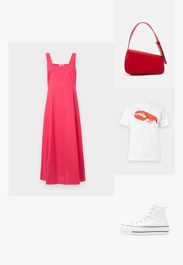 Rochie roz din in, cu decolteu pătrat, bretele late și o siluetă A-line fluidă, având o textură netedă și un design minimalist.; Tricou alb din bumbac, cu un grafic mare, viu colorat de homar roșu pe față. Mâneci scurte și un guler standard de tip crew neck.; Adidași albi tip pantofi sport cu glezna din pânză, cu talpă din cauciuc negru, capac de vârf din cauciuc frontal și șase ochiuri pentru șireturi, având un design curat și minimalist.; Geantă de mână din piele roșie, cu un design unghiular și geometric. Dispune de o singură curea ajustabilă și un sistem de închidere cu clapetă, cu detalii cusute.