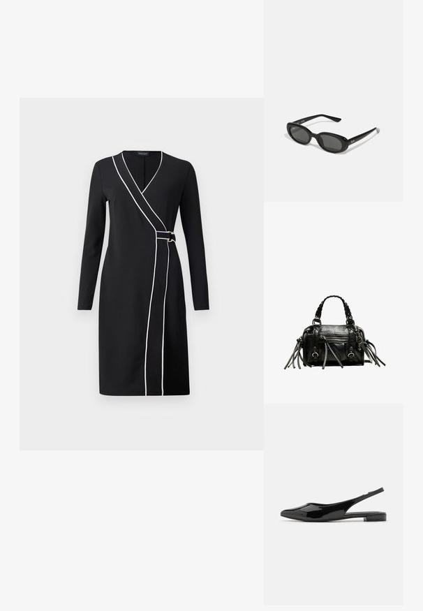 Czarna sukienka kopertowa z długimi rękawami, białym wykończeniem wzdłuż przodu i złotymi akcentami. Gładki, tkany materiał, długość do kolan.; Czarne lakierowane buty na obcasie z odkrytymi piętami, o spiczastym nosku i niskim, blokowym obcasie. Gładka tekstura, minimalistyczny design, odsłonięte tylne części i smukła sylwetka.; Czarne okulary przeciwsłoneczne z owalnymi soczewkami, błyszcząca plastikowa oprawa i smukłe zauszniki. Posiadają białe logo Ray-Ban po boku.; Czarna skórzana torebka z plecionymi uchwytami, teksturowaną powierzchnią, zamykanym z przodu kieszonką oraz dekoracyjnymi frędzlami. Kompaktowy i wyraźny kształt.