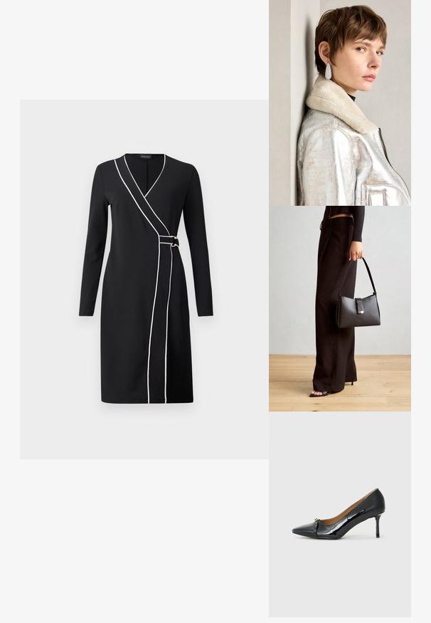 Mustmustelne kleit pikkade varrukatega, ees valged äärised ja kuldtoonilised detailid. Sile, kudumiskangast, kuni põlveni ulatuv disain.; Must musta korkeakorkoiset kengät läpikuultavasta mustasta mokasta, joissa on teräväpäinen kärki, koristeellinen nauha edessä ja ohut stilettokorko.; Must musta kott, millel on struktureeritud kuju, sile tekstuur ja metallist klamber. Kombineeritud laiate mustade pükstega ja avatud varvaste sandaalidega puidust põrandal.; Hõbedane metallik nahktagi, millel on villane kaelus, lukuga sulgemine ja tekstuurpind. Suured tilga kujulised kõrvarõngad selgete gemmidega.