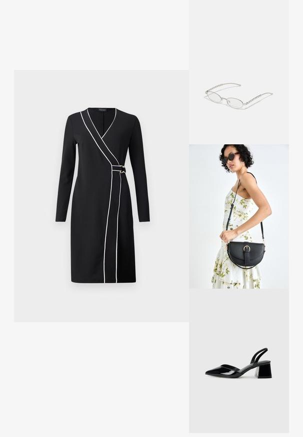 Vestido preto envolvente com mangas longas, com um acabamento em branco ao longo da frente e detalhe em hardware dourado. Tecido liso e tecido, com um comprimento até ao joelho.; Sandy em verniz preto com salto slingback, ponta afilada e salto geométrico. Apresenta um design elegante e minimalista com textura suave.; Óculos ovais com uma armação metálica prateada, lentes transparentes e detalhes texturizados em contas nas hastes. Design leve com braços curvos.; Bolsa de couro preta com forma curva, alça destacável e detalhes em dourado. A bolsa possui uma aba com detalhe de fivela.