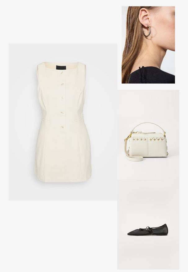 Ermeløs, kremfarget kjole med firkantet hals, fem knapper nedover fronten og sidelommer. Laget av strukturert stoff.; Svart flat sko med spiss tå, mesh-overdel og lakk-lær detaljer. Har en tynn stropp med en sirkulær metall detalj.; Hvit faux lær håndveske med glidelås på toppen, kort håndtak og avtakbar crossbody stropp med gulltone hardware. Side snøring detalj.; Sølv ringøredob med en polert finish, med små gull detaljer og en rund form, båret på øreflippen.