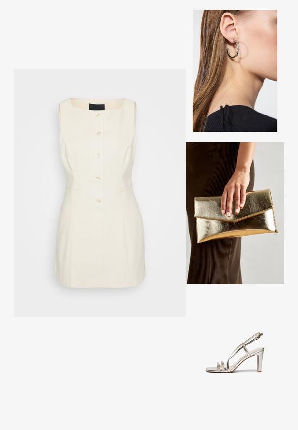 Õlavarreteta, kreemikaalune kleit ruudukujulise kaelusega, millel on viis nuppu ees ja küljetaskud. Valmistatud struktuursest kangast.; Metallilise hõbedase värvi kõrge kontsaga sandaal avatud varbaga, millel on jalas kolm õhukest rihma ja pahkluuring koos kinnitusega.; Kuldne metallist käekott, millel on sile tekstuur ja kolmnurkne klapp. Kotti hoidev käsi on hoolikalt maniküüritud küüntega.; Hõbedane rõngas kõrvarõngas poleeritud viimistlusega, millel on väikesed kuldsed aktsendid ja ümmargune kuju, kantud lobus.