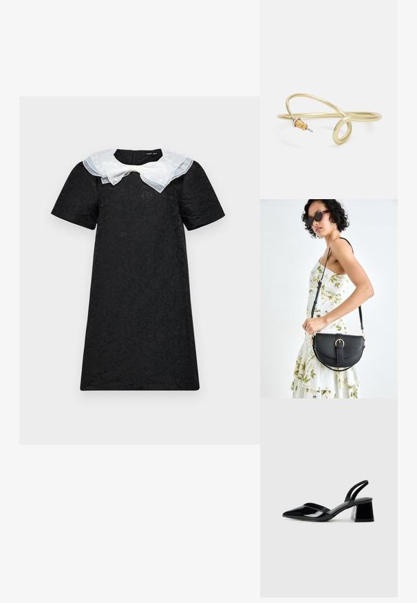 Črna obleka s kratkimi rokavi iz teksturiranega materiala, ki ima plastek belega čipkastrega ovratnika in detajl z mašno na izrezu. Zadrga na hrbtu.; Črne lakirane slingback pete s koničastim nosom in geometrijsko blokasto peto. Imajo eleganten, minimalističen dizajn in gladko teksturo.; Črna usnjena torbica s ukrivljeno obliko, z odstranljivo naramnico in zlatimi dodatki. Torbica ima pokrov s podrobnostmi v obliki zaponke.; Zlato obarvan kovinski zapestnica s tekočim, ukrivljenim dizajnom. Ima majhen, izstopajoč srebrn poudarek na enem koncu.