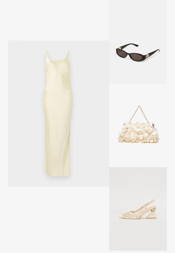 Satin-gelbes Kleid mit gerader Silhouette, Spaghettiträgern und einem seitlichen Schlitz für mehr Bewegungsfreiheit. Glatte Textur und minimalistisches Design.; Beige Slingback-Schuh mit Perforierung im Obermaterial, spitzer Zehenpartie und einem kontrastierenden dreieckigen Absatz mit einem goldenen Akzent. Insgesamt glatte Textur.; Schildpatt-Sonnenbrille mit länglich-ovalen Gläsern, braunem Farbton, goldenen Logo-Akzenten an den Bügeln und schlanken schwarzen Bügeln.; Weißes Blumenhandtasche mit einer gerafften Stoffoberfläche, goldfarbener Kettenriemen und metallischem Verschluss. Mit strukturierten Blütenblättern für zusätzliche Details.