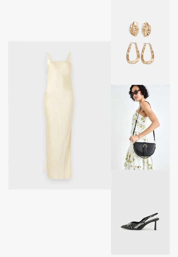 Szatén sárga ruha egyenes sziluettel, spagetti pántokkal és oldalsó hasítékkal a könnyű mozgás érdekében. Simaság jellemzi és minimalista dizájnja van.; Fekete lakk bőr, hegyes orrú slingback cipő, boka pántokkal, ezüst csatokkal és hardverelemekkel, valamint karcsú sarkú.; Fekete bőrtáska ívelt formával, levehető pánttal és arany színű fémrészekkel. A táskán egy csattal díszített fedél található.; Aranyszínű fülbevalók, texturált, hullámos formákkal. Tartalmazza a szobrászati klipszes studokat és az open hoop kialakítást, kalapácsos felülettel.