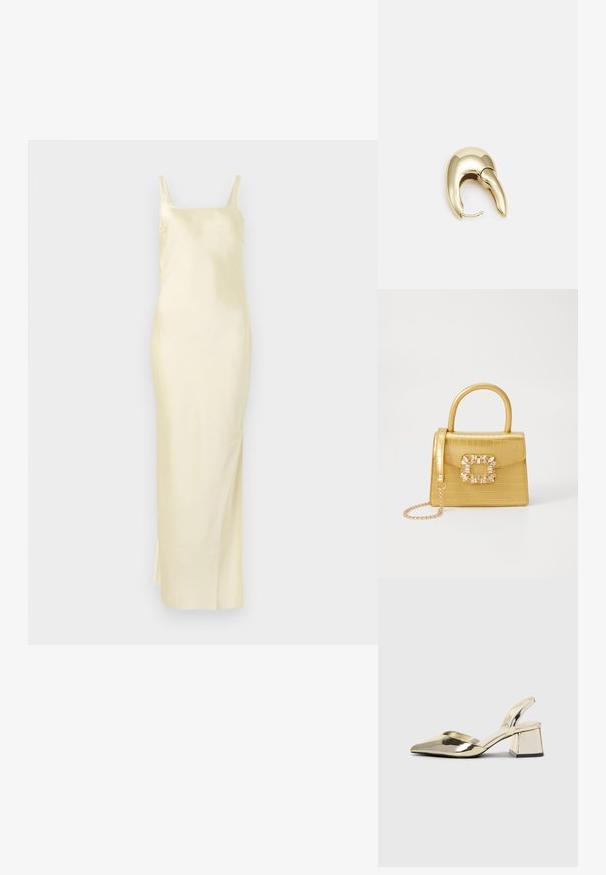Satin žuta haljina s ravnom siluetom, naramenicama za spagete i bočnim prorezom za lakoću kretanja. Glatka tekstura i minimalistički dizajn.; Zlatni metalik slingback sandali s šiljatim vrhom i debelim potpeticama. Glatka tekstura, minimalistički dizajn i uski remen.; Žuta torbica od umjetnog krokodila sa strukturiranim dizajnom, gornjom ručkom, odvojivim lančićem i dekorativnim kristalnim ukrasom na kopči.; Zlatne metalne naušnice s elegantnim, zakrivljenim dizajnom. Imaju karakterističan šiljast oblik, poliranu površinu i zatvaranje na šarku.