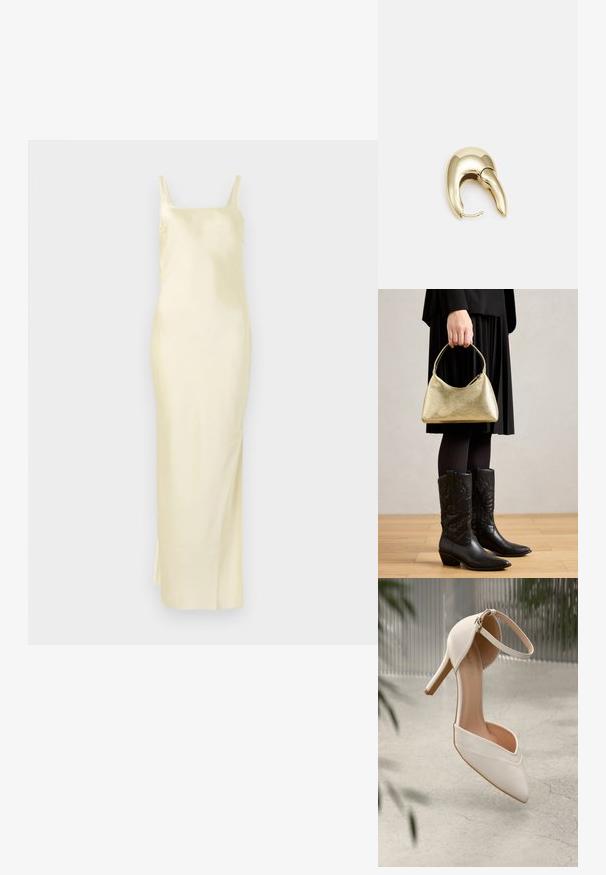 Rochie galbenă din satin cu o siluetă dreaptă, bretele subțiri și o fanta pe lateral pentru ușurința mișcării. Textură netedă și design minimalist.; Cumpărătură albă cu toc înalt, din material neted, cu vârf ascuțit și bretele pentru glezna. Dispune de un interior de culoare bej deschis și accente din metal aurit.; Geantă texturată aurie cu o formă curbată și mânere scurte, ținută de o persoană care poartă o fustă plisată neagră și cizme cowboy negre din piele.; Cercei din metal de culoare aurie cu un design elegant și curbat. Prezintă o formă distinctivă, ascuțită, o suprafață lustruită și un sistem de închidere cu balama.