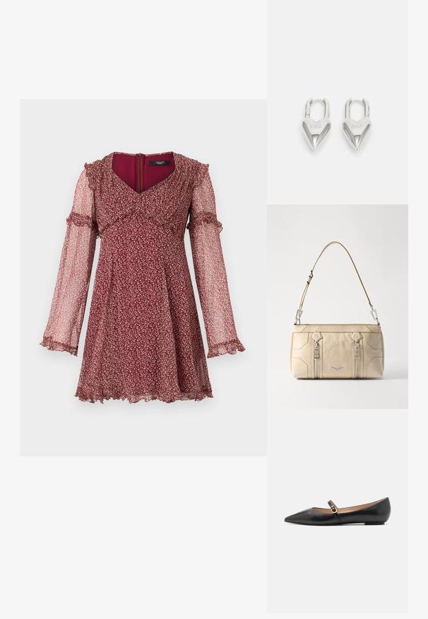 Weekend Max Mara CARDATO - Hverdagskjole - ciliegia; Sorte læder balletflade med spids tå og en side rem med et rundt guldaccent. Letvægts med en flad sål.; Beige lædertaske med sølvhardware, to sidelommer med lynlås, struktureret design og en aftagelig rem for alsidighed.; Sølv hjerteformede hængelåse med indgraveret "JA" og "NEJ" tekst, poleret finish, symmetrisk design og en robust metalklap.