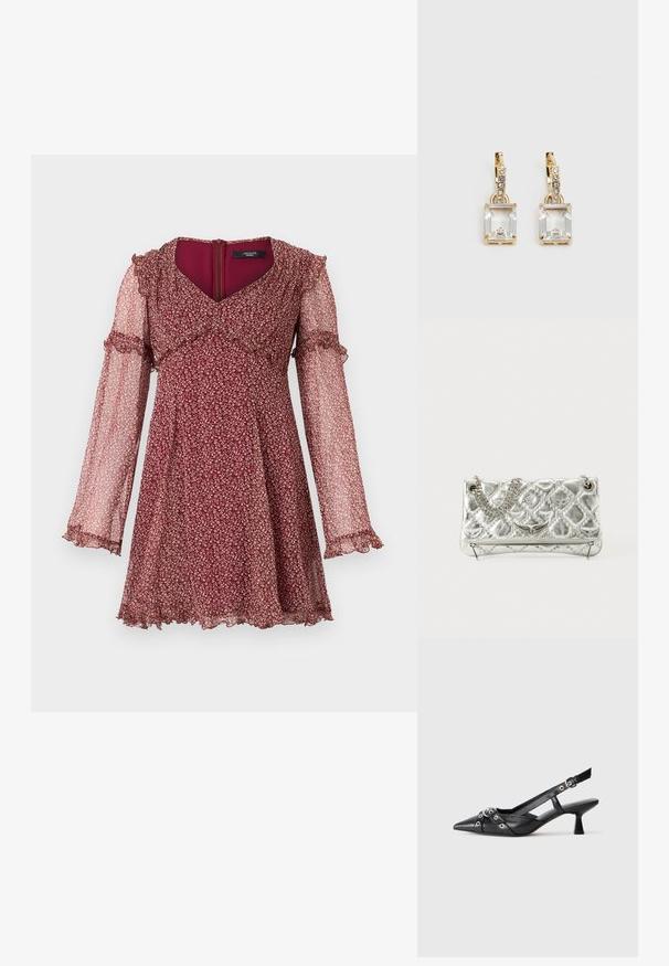 WEEKEND MaxMara CARDATO - Dienas kleita - ciliegia; Melnas ādas šlipsveida kurpes ar norādītu purngalu, dekoratīvām joslām ar metāla acīm un zemu bloku papēdi. Teksturēta virsma.; Sudraba metāla rokas soma ar ķēdes rokturi, piedāvā baudāmu struktūru, dekoratīvo šuvju un rāvējslēdzēju aizdari. Priekšpusē ir reljefa akcenti.; Zeltītas auskaru rotas, kuru centrā ir taisnstūra formas caurspīdīgs kristāls, kas karājas zem mazu, apaļu caurspīdīgu akcentu rindas. Elegants, mūsdienīgs dizains.