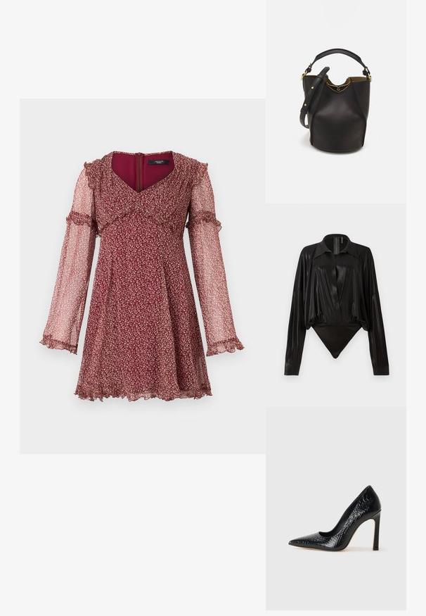 WEEKEND MaxMara CARDATO - Vapaa-ajan mekko - ciliegia; Musta catsuit pitkillä hihoilla, V-pääntiellä ja tiukalla siluetilla. Valmistettu kiiltävästä, sileästä kankaasta, jossa on jämäkkä kaulus ja hihansuut.; Musta kapea nilkkakorkokenkä krokotiilin nahkakuviolla, joka on varustettu tyylikkäällä muotoilulla, korkealla stiletto-korkealla ja sileällä mustalla sisäosalla.; Mustan nahka-buckettikassi, jossa on teksturoitu pinta, kultaiset metalliosat ja avoin yläosa. Ominaisuuksiin kuuluu lyhyt kahva ja säädettävä olkahihna.