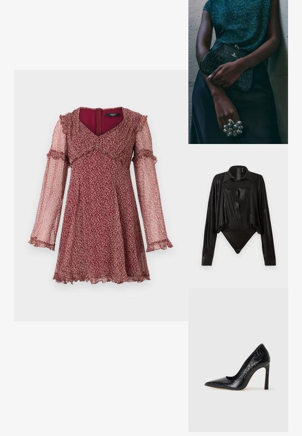 WEEKEND MaxMara CARDATO - Freizeitkleid - ciliegia; Schwarzer Body mit langen Ärmeln, V-Ausschnitt und figurnaher Silhouette. Hergestellt aus glänzendem, glattem Stoff mit einem strukturierten Kragen und Manschetten.; Schwarzer, spitz zulaufender High Heel mit Krokodilleder-Struktur, elegantem Design, hohem Stiletto-Absatz und glattem schwarzen Innenraum.; Schwarze Clutch-Tasche im Kroko-Design mit silbernen Beschlägen, vor einem strukturierten grauen Hintergrund gehalten. Verfügt über eine glänzende Oberfläche.