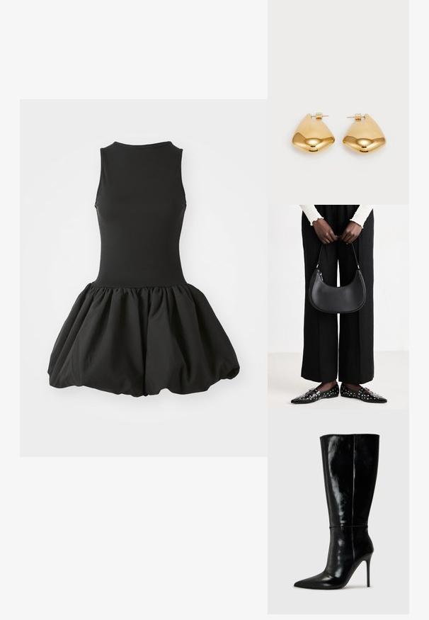 Černé šaty bez rukávů s přiléhavým vrškem a objemnou, nabíranou sukní. Vyrobené z hladké látky s jednobarevným povrchem a bez viditelných vzorů.; Černé kožené vysoké boty po kolena s špičatou špičkou a vysokým jehlovým podpatkem. Hladká textura a elegantní design, s minimálními detaily.; Černá kožená kabelka přes rameno s kulatým tvarem, lesklým povrchem a stříbrnými kovovými prvky. Osoba v černých širokých kalhotách a s ozdobenými mokasíny.; Náušnice z kovu ve zlatém tónu s hladkým, zaobleným trojúhelníkovým tvarem a designem na zadní upevnění; lesklý povrch s minimálními detaily.