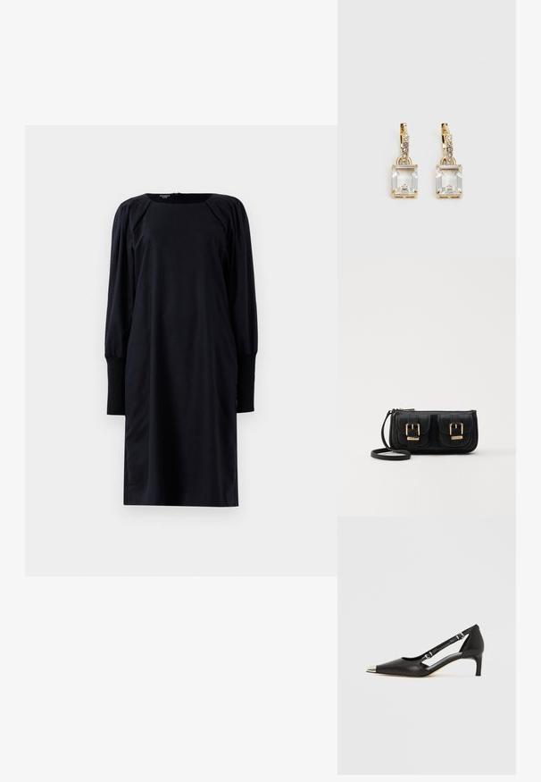 Černé midi šaty s dlouhým rukávem, nabíranými rameny a širokými manžetami, s kulatým výstřihem a zapínáním na zip vzadu.; Černá kožená botička s nízkým podpatkem, špičatou stříbrnou špičkou a dvěma pásky s přezkami na bílém pozadí.; Černá kožená crossbody taška se dvěma předními kapsami, zlatými přezkami, zipovým uzávěrem a štíhlým popruhem. Texturovaný povrch a kompaktní obdélníkový tvar.; Náušnice ve zlatém odstínu s obdélníkovým, průhledným krystalem zavěšeným pod řadou malých, kulatých průhledných akcentů. Elegantní, moderní design.