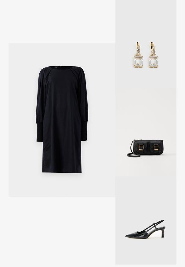 Schwarzes Midi-Kleid mit langen Ärmeln, gepufften Schultern und breiten Manschetten, mit rundem Ausschnitt und einem Reißverschluss hinten.; Schwarze Lack-Slingback-Pumps mit spitzem Zehenbereich, versehen mit strukturiertem Schlangenprint, verstellbarem Riemen und einem kurzen, strukturierten Blockabsatz.; Schwarze Leder-Umhängetasche mit zwei vorderen Taschen, goldenen Schnallen, Reißverschluss und einem schmalen Tragegurt. Texturierte Oberfläche und kompakte rechteckige Form.; Ohrringe in Goldfarbe mit einem rechteckigen, durchsichtigen Kristall, der unter einer Reihe kleiner, runder klarer Akzente hängt. Elegantes, modernes Design.