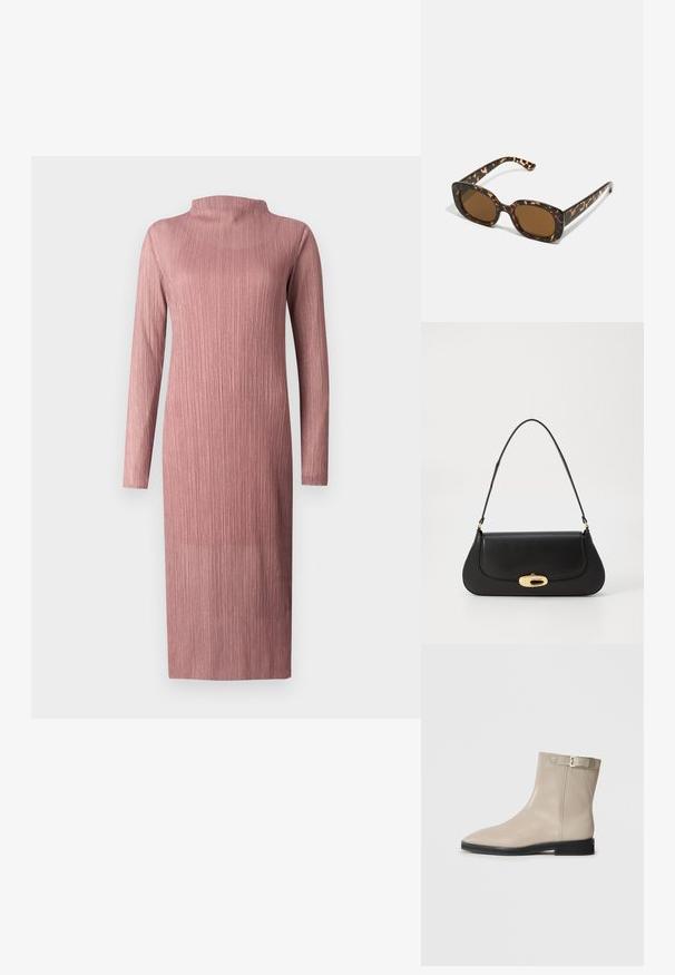 Pikad varrukad, soonikkoes roosa kleit kõrge kaelusega. Sirge lõige ja keskmise vasika pikkusega, millel on tekstureeritud, kudumiskangas.; Beesibjalge nahkse ankle boot, millel on terav nina, must tald, madal konts ja kuldne pandlapael välimisel küljel, esitatud valgel taustal.; Kilpkonnakilbi päikeseprillid ümmarguse, paksu raamiga ja pruunide läätsedega. Omab peeneid mustreid ja sirgeid, kitsenevaid käsi.; Mustroone nahast käekott kaarjate vormidega, kuldse tooni detailide ja ülemise käepideme ning sujuva sulgemise ja sileda tekstuuriga.