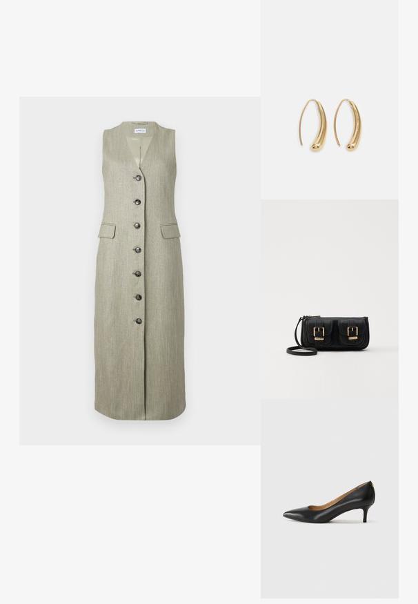 Õlakuvarvuteta, pikk roheline kleit peene tekstuuriga, V-kaelus, ees nööbisaak ja kaks eestaskut. Mustad nööbid kontrastivad kangaga.; Must musta musta, millel on terav nina, madal konts ja sile tekstuur. Omab pisut avatud osa ees ja minimaalset riistvara taga.; Must küllastamata nahast õlakott, millel on kaks esist nähtavat taskut, kuldsed pandlad, tõmblukuga sulgemine ja peen rihm. Tekstuuriga pind ja kompaktne ristkülikukujuline kuju.; Kuldtoonilised metallist rõngas kõrvarõngad, millel on kõver ja piklik kuju. Omavad siledat, läikivat pinda ja ümarat tipptugevdust, mis lisab detaili.