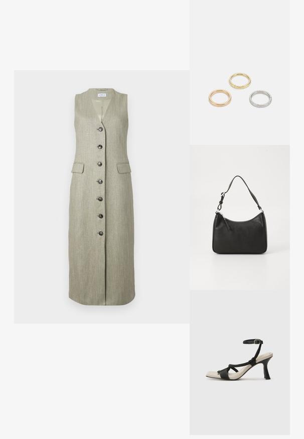 Bez rukava, duga zelena haljina sa suptilnom teksturom, v-izrezom, prednjim zatvaranjem na dugmadi i dva prednja džepa. Crna dugmad kontrastiraju tkanini.; Crne sandale na visokom potpetici s dizajnom pletenih trakica, kvadratnim vrhom i podešivom trakicom oko gležnja. Svijetlosmeđi ulošci s sjajnim crnim potpeticama.; Crna kožna torba s zakrivljenim oblikom, jednim remenom, zatvaranjem na patentni zatvarač i suptilnim brendiranjem sprijeda. Glatka tekstura, minimalistički dizajn.; Tri metalne prstenove: jedan od rose zlata, jedan od zlata s teksturiranim akcentima i jedan od srebra, svi s ugraviranim logotipom na unutarnjoj strani.