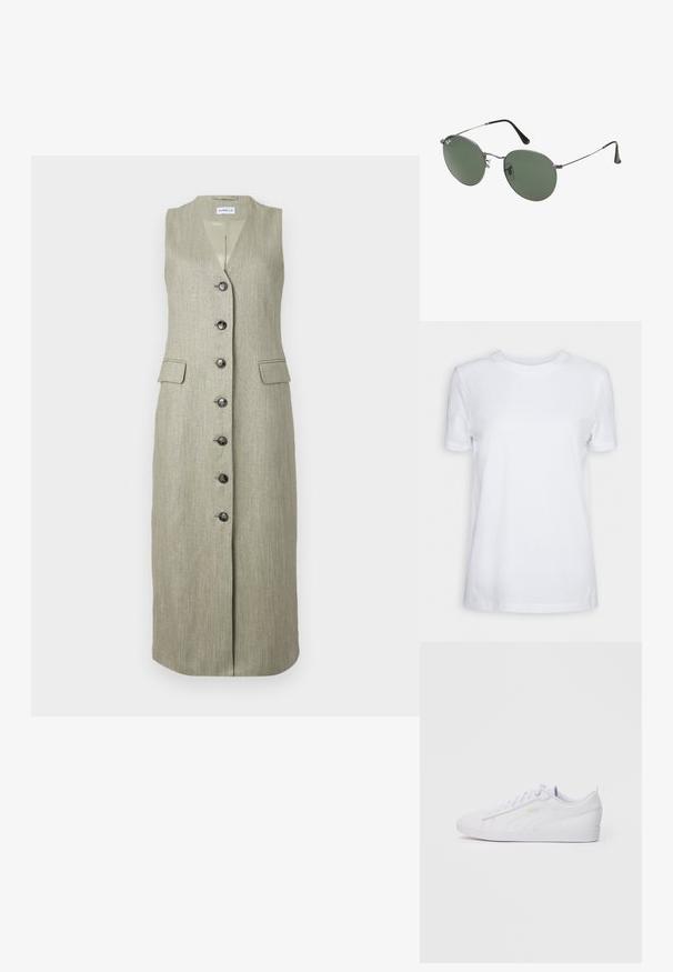 Ärmelloses, langes grünes Kleid mit subtiler Textur, V-Ausschnitt, Knopfverschluss vorne und zwei Fronttaschen. Schwarze Knöpfe kontrastieren mit dem Stoff.; Weißes T-Shirt mit kurzen Ärmeln aus Baumwolle. Rundhalsausschnitt mit glatter Textur und ohne sichtbare Muster oder Akzente. Schlichte Stil.; Weiße low-top Puma Sneaker mit Schnürung, dezentem Branding an der Seite und Sohle sowie glattem synthetischen Obermaterial für den lässigen Gebrauch.; Metallgestellte Sonnenbrille mit ovalen grünen Gläsern. Dünner silberner Metallrahmen und schwarze Ohrstücke. Minimalistisches Design, keine sichtbaren Logos.