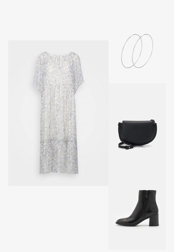 Kerge, poolläbipaistev valge kleit pehme sinise lillemustriga, lühikeste varrukatega, ümarate kaeluste ja kokku volditud taljega.; Mustad mustad saapad, valmistatud siledast nahast, külgmise tõmblukuga. Omab teravat nina ja tekstuuriga plokkninat stabiilsuse tagamiseks.; Musta nahast õlakott, millel on kaarjas kuju, magnetklapi sulgemine, reguleeritav rihm ja esiküljel nähtav logo detail.; Hõbedased rõngastikkaehingad minimalistlikus disainis. Ümar kuju, sile tekstuur ja õhuke profiil. Kerged ning poleeritud viimistlusega.