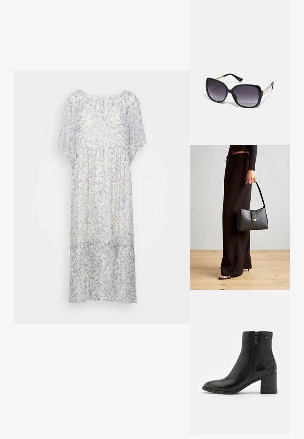 Lekka, półprzezroczysta sukienka w kolorze białym z delikatnym niebieskim wzorem kwiatowym, z krótkimi rękawami, okrągłym dekoltem i marszczonym detalem w talii.; Czarne botki za kostkę wykonane z gładkiej skóry z bocznym zamkiem. Posiadają spiczasty przód i teksturowany obcas w kształcie bloku dla większej stabilności.; Czarne oversize okulary przeciwsłoneczne z gradientowymi soczewkami, grubymi oprawkami i złotym łańcuszkiem na ramionach.; Czarna torebka o usztywnionym kształcie, gładkiej fakturze i metalowym zapięciem. Połączona z szerokimi czarnymi spodniami i sandałami na otwartym palcu na drewnianej podłodze.
