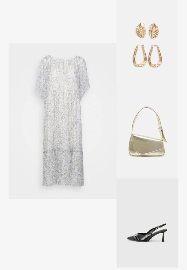 Lahki, pol prosojni obleki v beli barvi s mehkim modrim cvetličnim vzorcem, ki ima kratke rokave, okroglo ovratnico in zbrane detajle v pasu.; Črne patentne usnjene sandale s koničastim nosom, zankami okoli gležnja s srebrnimi sponkami in opremo ter vitkimi petami.; Zlata metalna torbica z urejenim dizajnom, gladko teksturo in nastavljivim trakom. Ima edinstveno trikotno obliko in minimalistično šivanje.; Zlato obarvani uhani z teksturiranimi, valovitimi oblikami. Vključujejo skulpturalne sponke za ušesa in odprto obliko obročka s kladivastim finišem.