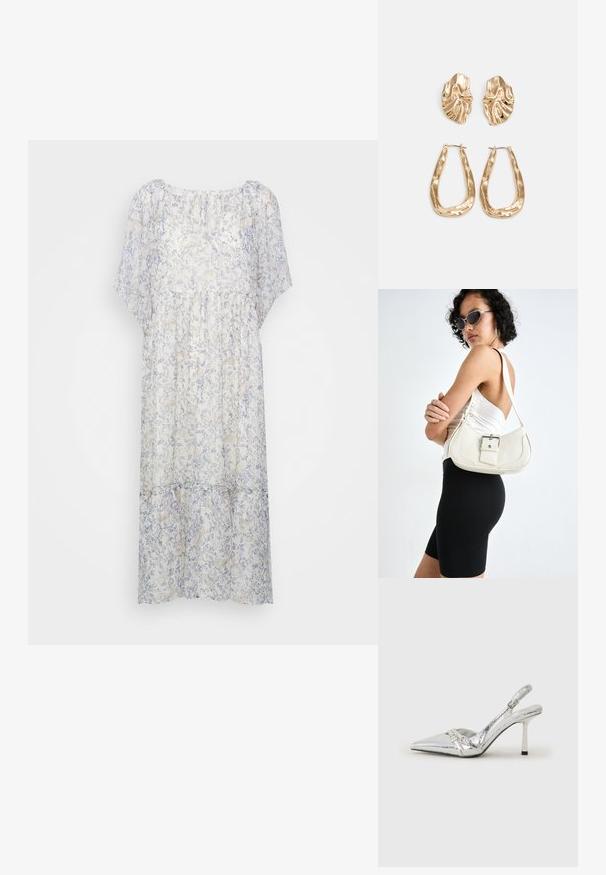 Lichtgewicht, semi-doorzichtig jurk in het wit met een zacht blauw bloemenpatroon, met korte mouwen, een ronde halslijn en een geplooide taille.; Zilveren slingback hoge hak schoen met een spitse neus, metalen afwerking, twee decoratieve banden en een slanke hak met een zwarte punt.; Witte leren handtas met een gebogen vorm, verstelbare schouderriem en een klein gesp detail. Model draagt een strakke zwarte outfit.; Gouden oorbellen met een getextureerd, golvend ontwerp. Bevat sculpturale clip-on studs en een open ringontwerp met een gehamerd oppervlak.