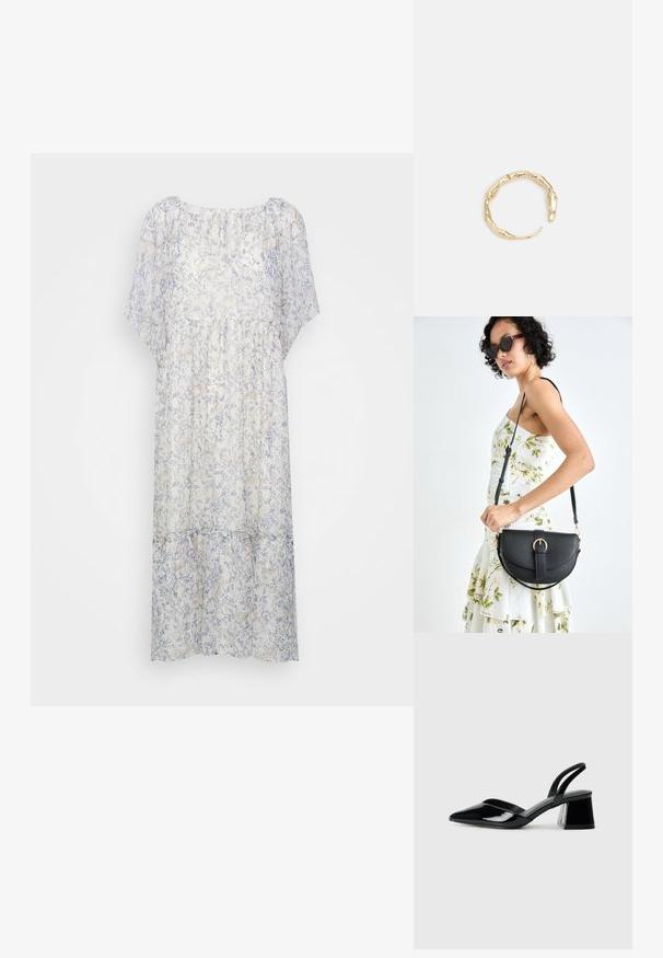 Ľahké, polopriesvitné biele šaty s jemným modrým kvetinovým vzorom, s krátkymi rukávmi, okrúhlym výstrihom a nariasením v páse.; Čierne lakované kožené sandálové podpätky s špicatou špičkou a geometrickým blokovým podpätkom. Disponujú elegantným, minimalistickým dizajnom a hladkým povrchom.; Čierna kožená kabelka s zaobleným tvarom, odnímateľným popruhom a zlatými doplnkami. Kabelka má klopu s detailom s prackou.; Prsteň v zlatej farbe s organickým, skrúteným dizajnom, hladkým povrchom a zužujúcimi sa koncami, vytvárajúci moderný, sochársky vzhľad.