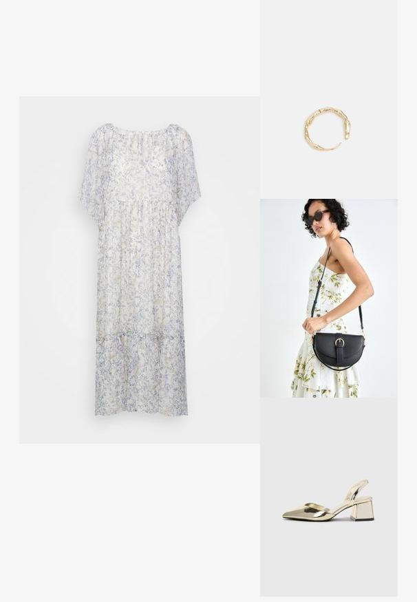 Leichtes, halbtransparentes Kleid in Weiß mit zartem blauem Blumenmuster, mit kurzen Ärmeln, Rundhalsausschnitt und gerafftem Taillendetail.; Goldene, metallische Slingback-Absätze mit spitzem Zeh und dicker Ferse. Glatte Textur, minimalistisches Design und ein schmaler Riemen.; Schwarze Lederhandtasche mit geschwungener Form, abnehmbarem Tragegurt und goldenen Beschlägen. Die Tasche verfügt über einen Deckel mit einer Schnallen-Details.; Goldfarbener Ring mit einem organischen, gedrehten Design, glatter Oberfläche und sich verjüngenden Enden, was ein modernes, skulpturales Erscheinungsbild erzeugt.
