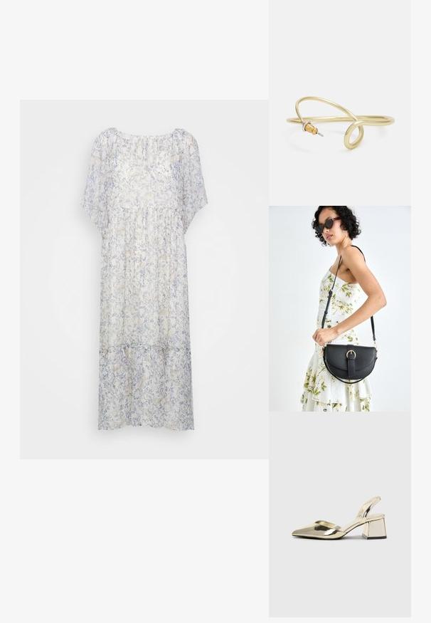 Viegls, daļēji caurspīdīgs kleitas apģērbs baltā krāsā ar maigu zilu ziedu rakstu, ar īsām piedurknēm, apaļu apkakli un savilkta vidus daļu.; Zeltaini, metāla kurpes ar siksniņām, norakans purngalis un masīla papēdis. Gluda tekstūra, minimālisma dizains un šaura siksna.; Melnas ādas rokassoma ar izliekta formu, noņemamu siksnu un zelta aksesuāriem. Somai ir vāciņš ar sprādzes detaļu.; Zelta krāsas metāla aproce ar šķidrām, viļņveidīgām formām. Vienā galā ir neliels, izteikts sudraba krāsas akcents.