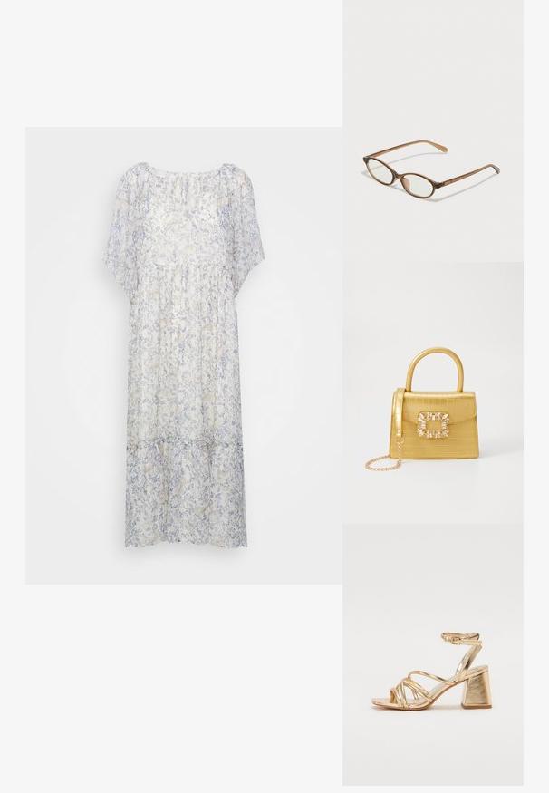Lehká, poloprůhledná šaty v bílé barvě s jemným modrým květinovým vzorem, s krátkými rukávy, kulatým výstřihem a detailním sbíráním v pase.; Zlaté metalické sandály na podpatku s páskovým designem, čtvercovým blokovým podpatkem a nastavitelným kotníkovým popruhem se sponou. Hladký povrch.; Hnědé želvovinové brýle s oválnými skly, tenkými bočními nohami a průhlednými akcenty. Obsahují decentní logo na stranu. Elegantní, lehký design.; Žlutá kabelka z umělé krokodýlí kůže se strukturovaným designem, horním uchopem, odnímatelným řetízkovým popruhem a dekoračním krystalovým zdobením na zapínání.