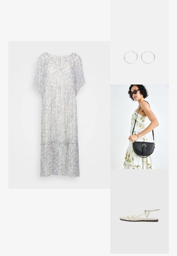 Viegls, daļēji caurspīdīgs kleitas apģērbs baltā krāsā ar maigu zilu ziedu rakstu, ar īsām piedurknēm, apaļu apkakli un savilkta vidus daļu.; Bežīgas plakanas čības ar vairākiem plāniem siksniņām un regulējamu sprādzi. Zole ir plakana ar nelielu tumšu kontrastu malā.; Melnas ādas rokassoma ar izliekta formu, noņemamu siksnu un zelta aksesuāriem. Somai ir vāciņš ar sprādzes detaļu.; Sudraba riņķa auskari ar elegantu, apaļu dizainu, kas izceļas ar gludu virsmu un bez redzamām rotājumām. Diametrs netiek norādīts.