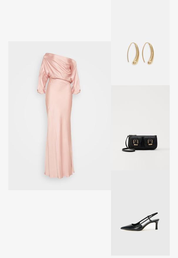 Satino, bešrangi, ilga suknelė švelniai rožinėje spalvoje. Kremzlinis liemuo su laisvomis rankovėmis ir prigludusia sijona. Lygios tekstūros, grindų ilgio dizainas.; Juodai lakuoti slingback aukštakulniai su smailiu nosiu, su tekstūruotu gyvatės raštu, reguliuojama juosta ir trumpu, tekstūruotu blokiniu kulnu.; Juodas odinis per petį nešiojamas krepšys su dviem priekiniais kišenėmis, auksiniais sagtimis, užtrauktuko uždarymu ir siauromis petnešomis. Textūruota paviršius ir kompaktiškas stačiakampis formatas.; Auksinės metalinės auskarų kabės su lenktą, pailgą forma. Turi lygų, blizgantį paviršių ir užapvalintą galiuką papildomam akcentui.