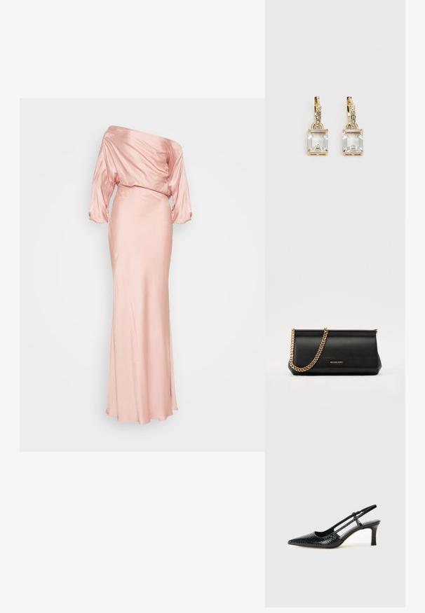 Satiin, õlavarrelt avatud pikk kleit pehmes roosas värvitoonis. Pooleldi langev kehaosa vabade varrukatega ja sobitatud seelik. Sile tekstuur, põrandani ulatuv disain.; Mustmust paelad, millel on terav varvas, tekstuuriga maduprindiga, reguleeritav rihm ja lühike tekstuuriga plokknina.; Mustast nahast klamberkott kuldse kettrihmaga, millel on sile tekstuur, ristkülikuline kuju ja esiküljel reljeefne brändingu märk.; Kuldtooni kõrvarõngad, millel on ristkülikukujuline, selge kristall, mis ripub allapoole väikeste ümmarguste selgete aktsentide rida. Viimistletud, kaasaegne disain.