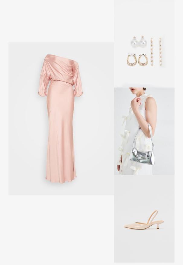 Saten, off-the-shoulder dolga obleka v mehki roza barvi. Drsna bodica z ohlapnimi rokavi in oprijetim krilom. Gladka tekstura, dolžina do tal.; Bež čevlji na peto iz patentiranega usnja, s koničastim nosom in ozko kvadratno peto. Gladka tekstura in minimalističen dizajn brez okrasja.; Srebrna metalna torbica z oblikovano strukturo, ki ima zgornji ročaj in detajl v obliki mašne spredaj. Gladka tekstura, z odsevnimi površinami.; Tri para uhani: veliki beli biserni uhani, zlate obroče s prozornimi dragulji in dva dolga, ravna zlate uhan s svetlečimi podrobnostmi.
