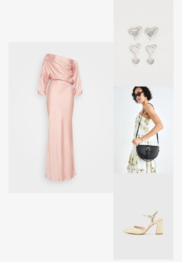 Saten, off-the-shoulder dolga obleka v mehki roza barvi. Drsna bodica z ohlapnimi rokavi in oprijetim krilom. Gladka tekstura, dolžina do tal.; Zlata metalna visoka obuća s šiljastim nosom, remenom oko gležnja s kružnim kopčom i dizajnom debljeg potplata. Glatka tekstura.; Črna usnjena torbica s ukrivljeno obliko, z odstranljivo naramnico in zlatimi dodatki. Torbica ima pokrov s podrobnostmi v obliki zaponke.; Srebrni uhani v obliki srca vsebujejo fasetirane prosojne kamne ter teksturiran okvir. Komplet vključuje stenske in viseče sloge.