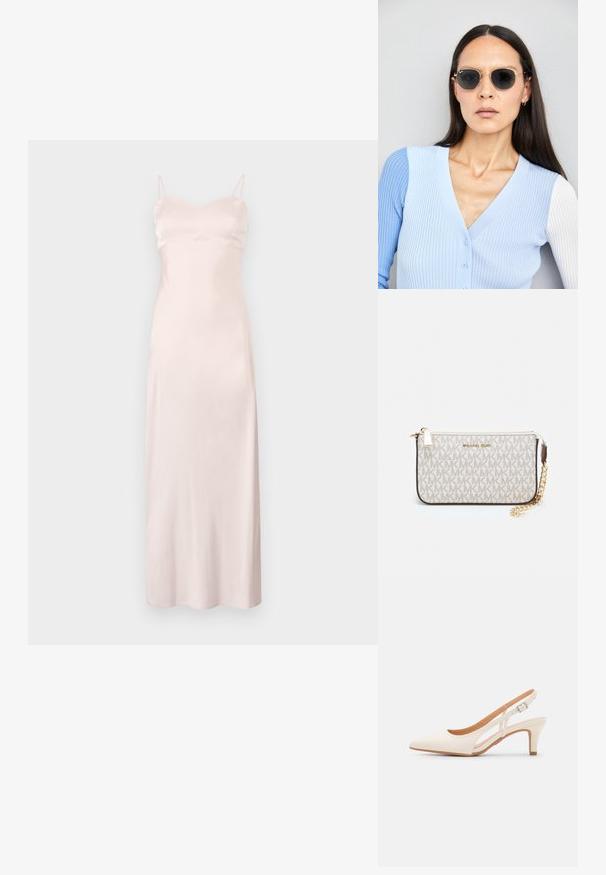 Ljusrosa satinspetsklänning med tunna justerbara axelband, figursydd midja och rak silhuett som når till halva vadmuskeln. Slät textur, inga mönster.; Vit slingbackklack med spetsig tå, slät ovandel, låg blockklack och sidoutskärning med justerbar spänne.; Runda solglasögon med mörka linser och guldramar. Modellen bär en ljusblå, ribbad cardigan med knappar och kontrasterande vita ärmar.; Michael Kors handledos i beige belagd kanvas med ett upprepande MK-logomönster, gyllene detaljer och ett avtagbart kedjehandtag.