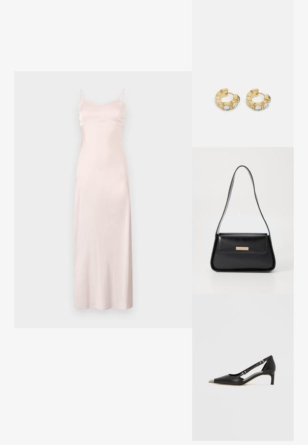 Svetlo roza satenasta obleka brez rokavov z nastavljivimi tanjšimi naramnicami, prilegajočim topom in ravno silhueto, ki seže do sredine tele. Gladka tekstura, brez vzorcev.; Črni usnjeni čevelj z rahlo peto, z ostro srebrno konico in dvema paščkoma z zaponkama na belem ozadju.; Črna usnjena torbica z obliko trikotnika, ozkim trakom in zlatimi dodatki, ki vključujejo oznako na sprednjem poklopcu.; Zlati uhani v obliki obroča z teksturiranim dizajnom in tremi prozornimi kristalnimi poudarki na eni strani, ki ponujajo sodoben geometrijski estetski videz.