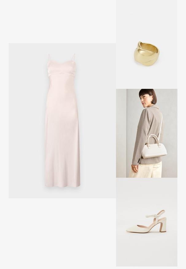 Lys rosa satengkjole med tynne justerbare stropper, tettsittende byste og rett silhuett som rekker til midten av leggen. Glatt tekstur, uten mønstre.; Spiss tå, kremfarget pumpe med blokkhel. Har en tynn ankelrem med en rund spenne og en glatt skinntekstur.; Hvit strukturert håndveske med korte håndtak og skulderreim, med detaljer i gullfinish og teksturert materiale, vist mot en grå bakgrunn.; Gullfarget ring med en glatt, vridd design. Har en polert overflate og avrundede kanter, som skaper en sømløs, flytende form.