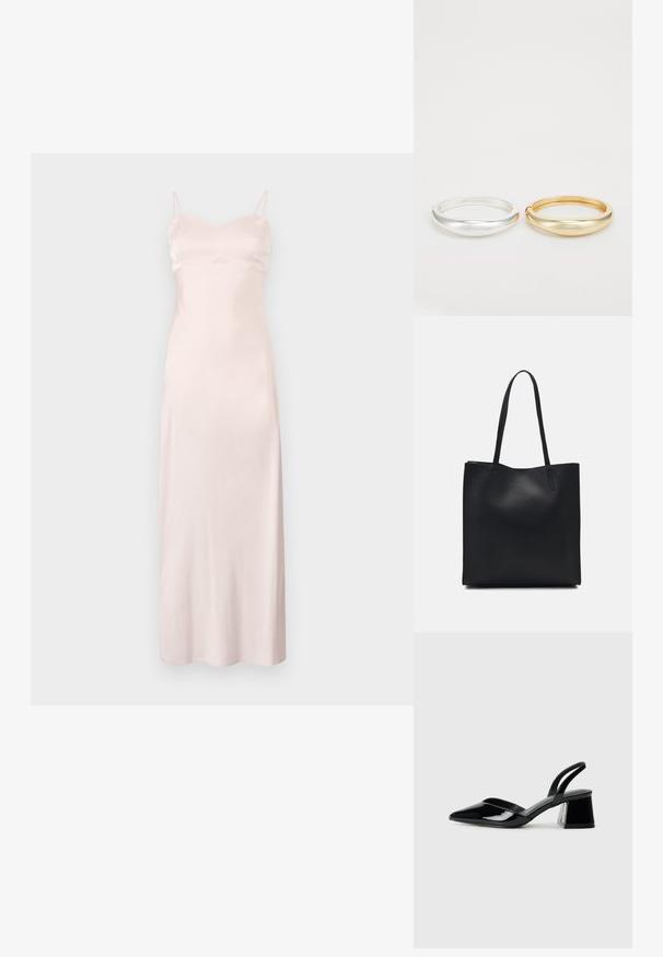 Gaiši rozā satīna kleita ar plānām regulējamām siksnām, piegulošu augšdaļu un taisnu siluetu, kas sasniedz vidus teļus. Gluda tekstūra, bez rakstiem.; Melna lakota āda ar atvērto papēdi, ar smailu purngalu un ģeometrisku blokpapēdi. Iezīmējas elegants, minimāls dizains un gluda tekstūra.; Melnas ādas somiņa ar gludu tekstūru, taisnstūra formu un divām garām rokturiem. Nav redzamu aparatūras vai rotājumu.; Zign 2 PACK - Rokassprādze - gold-coloured/silver-coloured