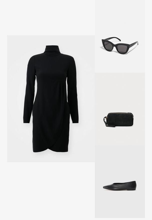Rochie neagră cu mâneci lungi și gât înalt, cu un front drapat și o siluetă avantajoasă. Confecționată dintr-un material neted și elastic.; Balerini din piele neagră, vârf ascuțit, design minimalist, textură netedă, toc de mică înălțime, fără hardware sau embellishments vizibile.; Ochelari de soare negri, forma cat-eye, cu un finisaj mat, având lentile gri și unghiuri ascuțite, precum și brațe laterale elegante. Numele brandului este vizibil pe brațul interior.; Geantă de mână din suede negru, cu închidere cu fermoar și bretea detașabilă pentru încheietura mâinii. Dispune de accesorii din metal aurit și o textură netedă, mată.