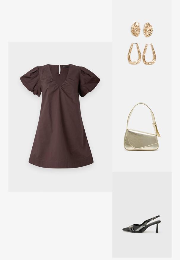 Rochie din bumbac maron cu decolteu în V, mâneci bufante și detaliu cu gaură la spate. Textură netedă, formă în A, lungime până la genunchi.; Pantofii slingback din piele lăcuită neagră, cu vârf ascuțit, bretele pentru gleznă cu catarame și accesorii din argint, și un toc subțire.; Geantă de umăr metalică aurie cu un design structurat, textură netedă și curea reglabilă. Prezintă o formă triangulară unică și cusături minimaliste.; Cercei aurii cu forme texturate și ondulate. Include studs sculpturale cu clip și un design de cerc deschis cu un finisaj cioplit.