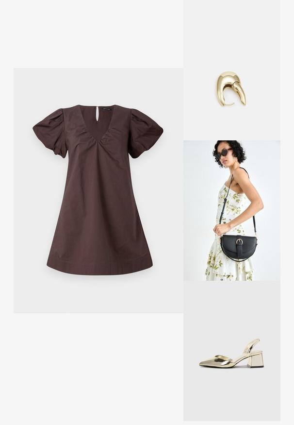 Hnědress s V-výstřihem, balónovými rukávy a detailem ve tvaru klíčové dírky na zadní straně. Hladká textura, áčkový střih, délka ke kolenům.; Kovové zlaté pantofle na podpatku s špičatou špičkou a masivním podpatkem. Hladký povrch, minimalisticý design a úzký pásek.; Černá kožená kabelka s křivkovým tvarem, odnímatelným popruhem a zlatými detaily. Kabelka má klopu s přezkou.; Náušnice ve zlatém tónu z kovu s elegantním zakřiveným designem. Vyznačují se jedinečným špičatým tvarem, lesklým povrchem a závěsem na kloub.